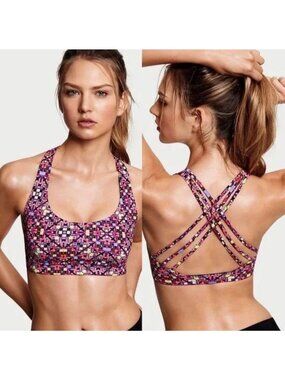 Victoria Secret Sport Pink Geometric Strappy Racerback Wireless Sports Bra Sz S